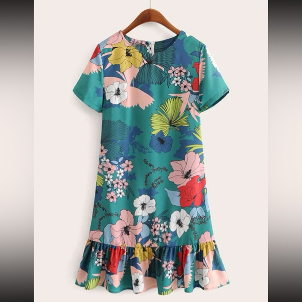 Plants Print Zip Back Hem Dress